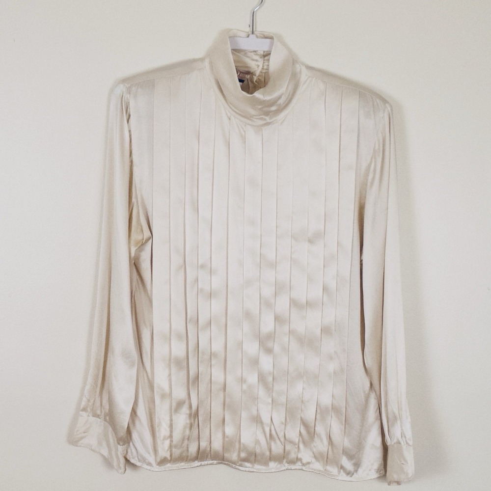 VTG 80s 100% Silk Pleated High Neck Ivory Blouse Sz 8, Old Money, Secretary Chic